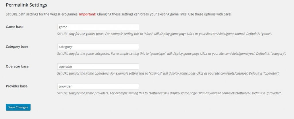 VegasHero casino games permalink settings page