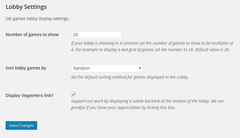 vegashero casino slots lobby settings