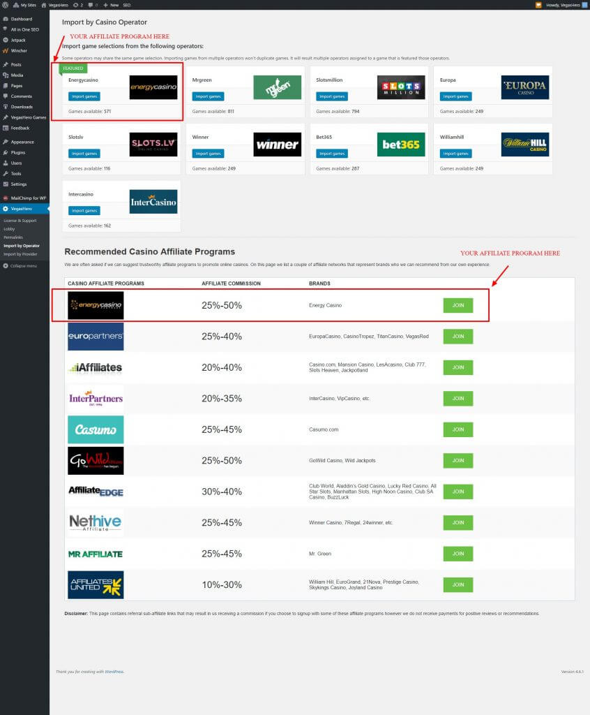 VegasHero banner ad placement for operators recommended list in the plugin admin page