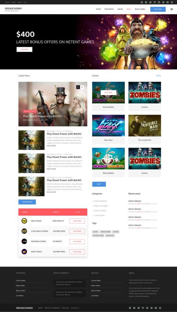 Wordpress Gambling Theme homepage example