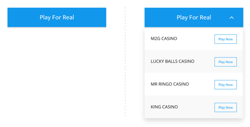 Unique CTA dropdown feature in the VegasHero Casino WordPress Theme