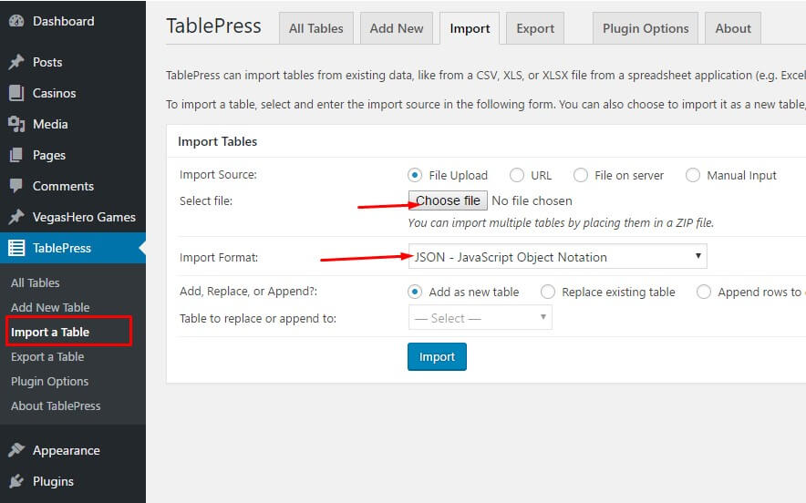 tablepress demo content step1