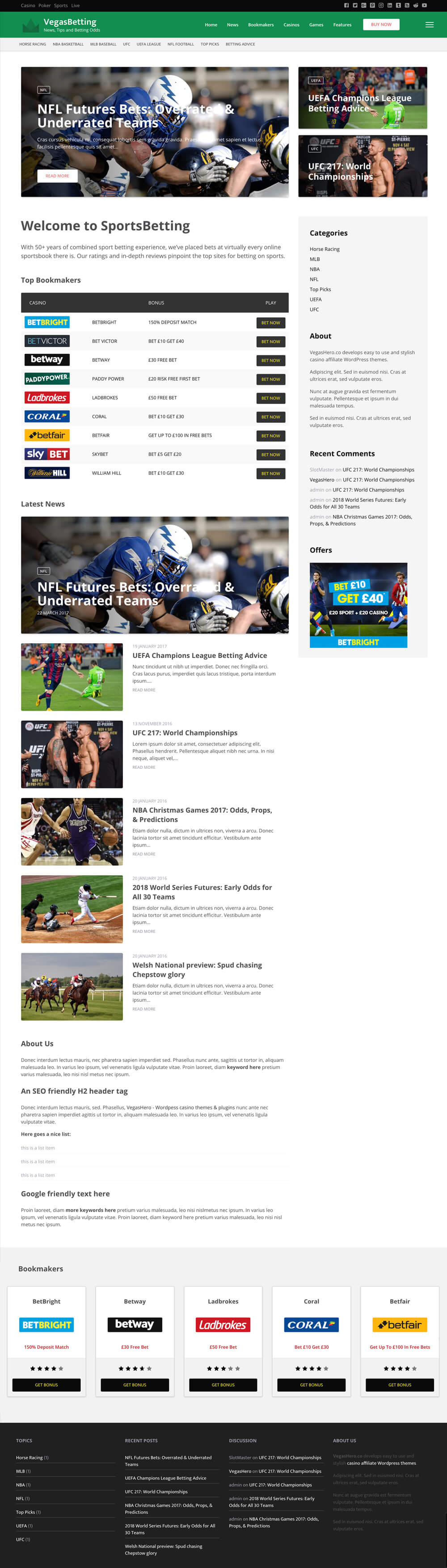 SportsBetting WordPress website template for bookmaker affiliates - homepage design