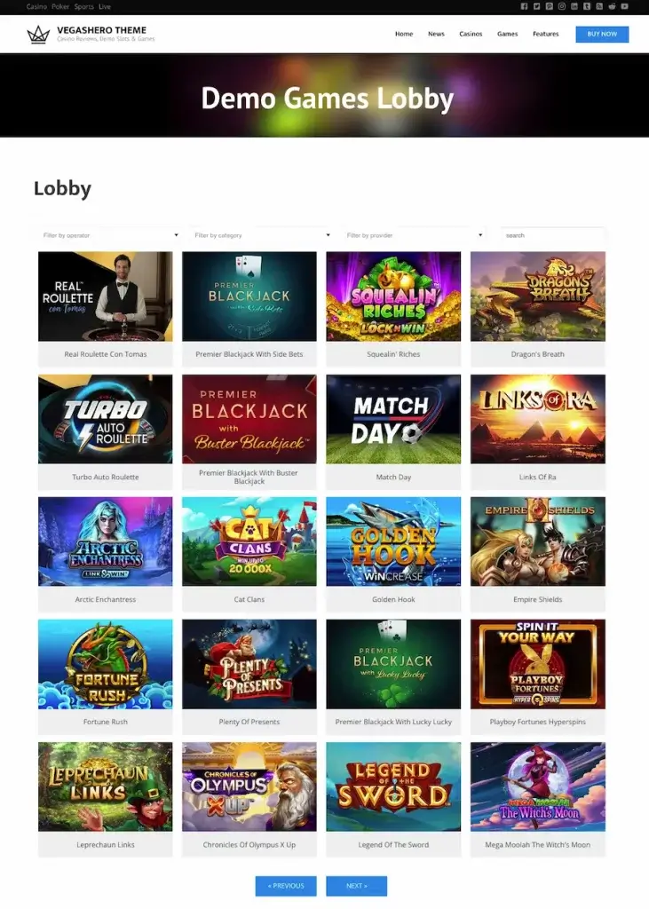 casino games website template