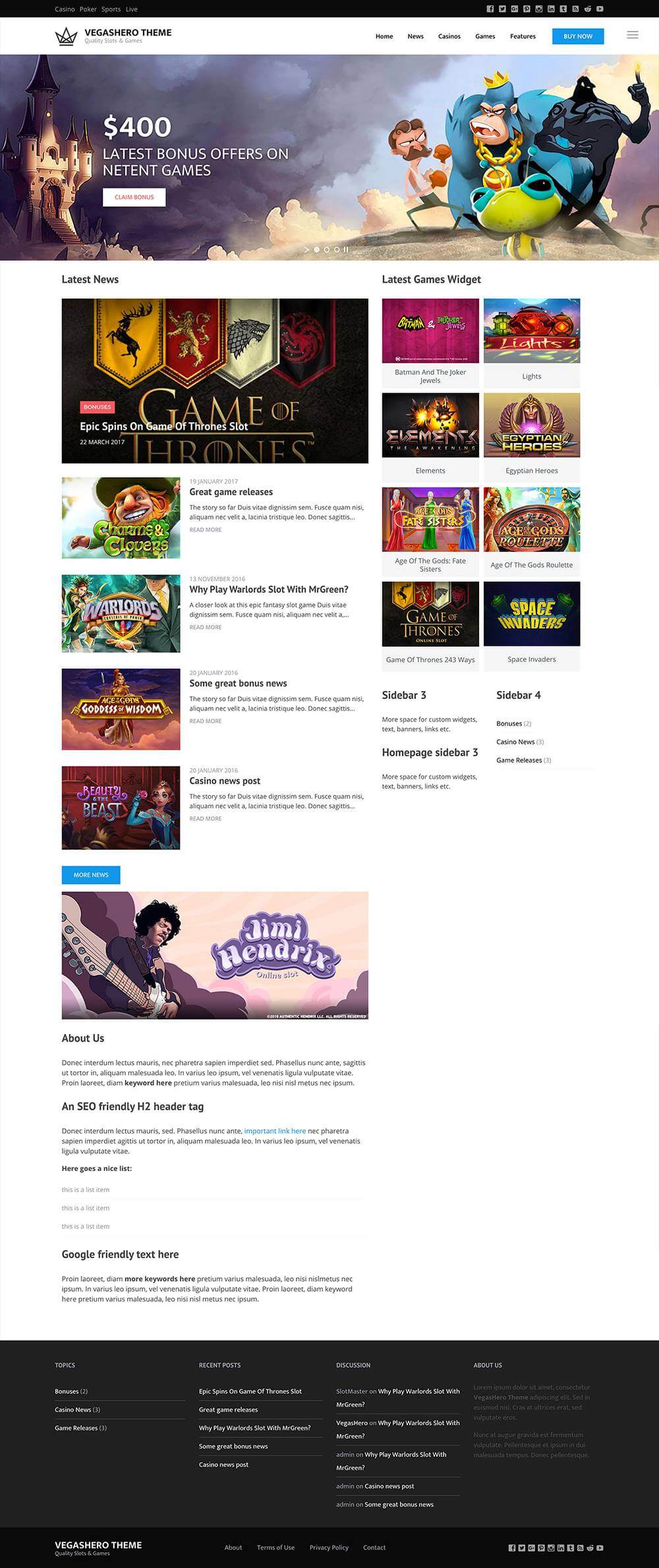 Casino WordPress website for gambling affiliates - homepage design